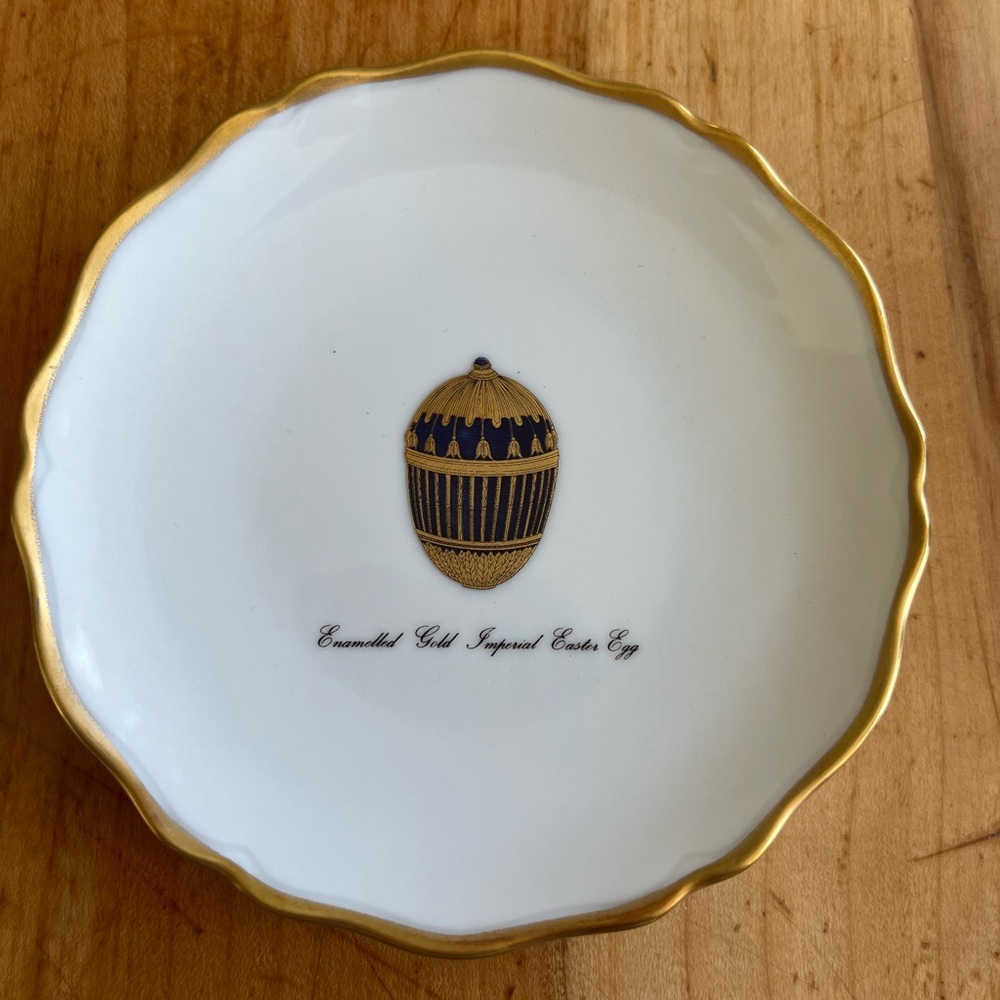 Faberge Imperial Egg Easter Plate Gold and White Decorative Plate